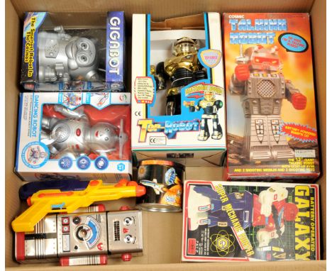 Group of boxed large scale plastic battery operated robots including: (1) Galaxy super mechanic fighter (Horkawa Japan); (2) 