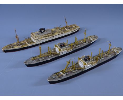 THREE WATERLINE MODEL SHIPS, one 666 scale in possibly painted papier mache and plastic, written and printed information unde
