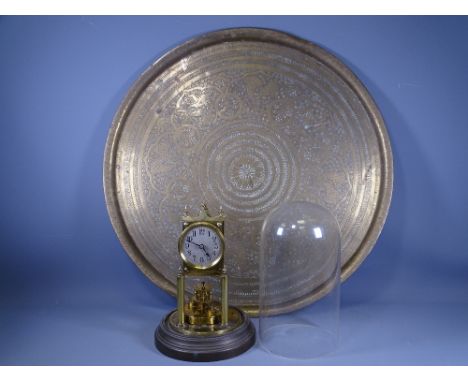 GLASS DOMED ALL BRASS CLOCK and a circular Benares brass tray, no base