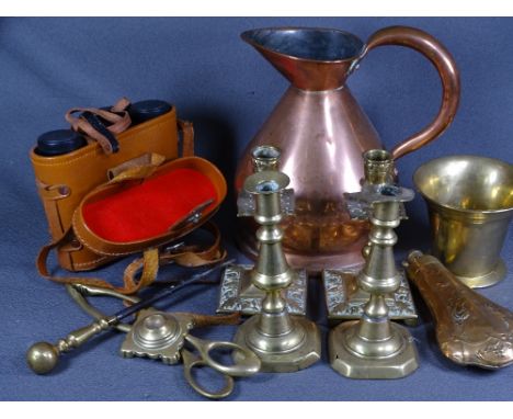 BRASS &amp; COPPERWARE - a copper half gallon beer measure, pair of square base candle holders, a copper shot flask, a brass 