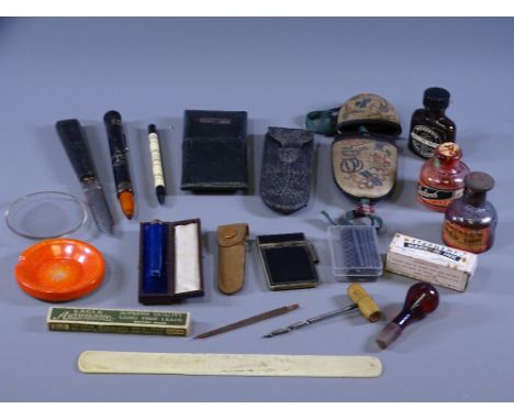 VINTAGE SHOE BOX OF INTERESTING COLLECTABLES to include a nine carat gold banded cheroot in case, a Chinese embroidered and p