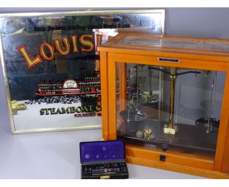 CASED SET OF LABORATORY SCALES by Griffin &amp; George Ltd and a modern advertising mirror for 'The Louisiana Steam Boat Comp