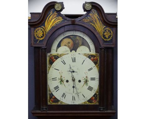 CIRCA 1840 MAHOGANY LONGCASE CLOCK with 14ins moon face dial, marked Lloyd, Wigan, twin weight pendulum driven bell strike mo