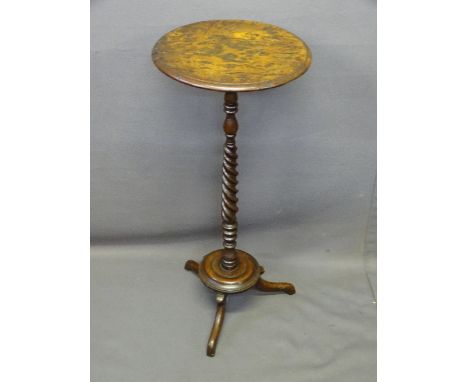 VICTORIAN BURR WALNUT TOP TRIPOD TABLE with twist carved mahogany stem, 72.5cms H, 31cms diameter top