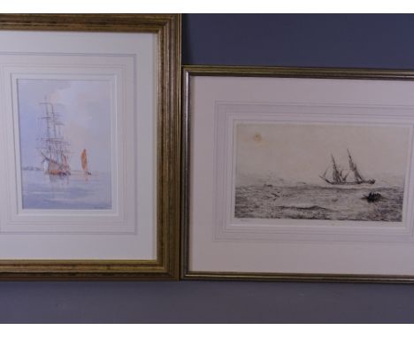WILLIAM LIONEL WYLLIE etching - depicting boats in rough seas, 18 x 30cms and ALAN STARK watercolour - threemasted ship at an