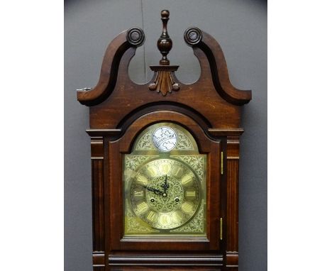 WOOD &amp; SONS REPRODUCTION MAHOGANY LONGCASE CLOCK, thirty one day pendulum driven twin weight movement, the case with brok