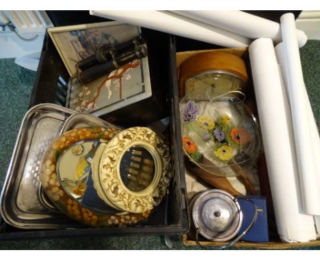 MISCELLANY - a lacquered and lidded box, dome top mantel clock, sundry small mirrors ETC