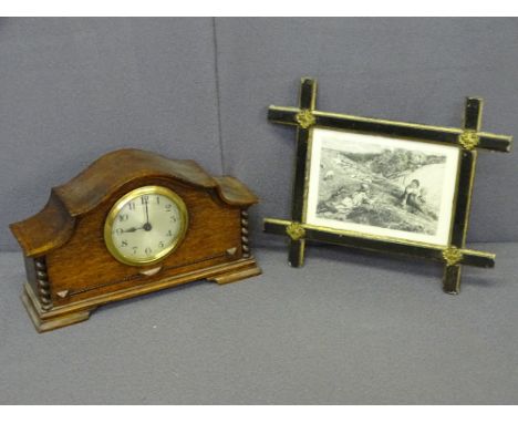 VINTAGE OAK CASED MANTEL CLOCK and a 19th century engraving in a gilt and ebonized frame