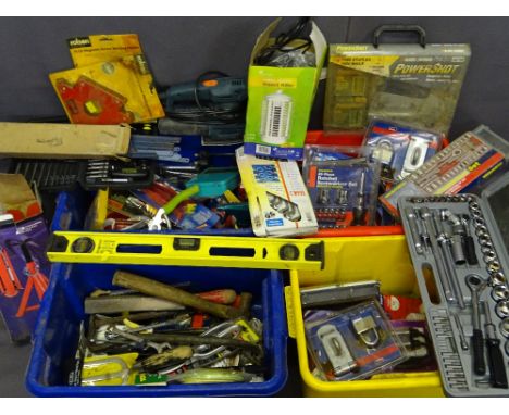 VARIOUS GARAGE &amp; WORKSHOP TOOLS in four plastic tubs to include axle stands, screwdriver bit set, sander, spanners, tools