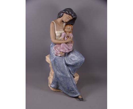 NAO PORCELAIN FIGURINE OF A YOUNG WOMAN &amp; CHILD, matt finish glazes, dated 1992, 39cms H