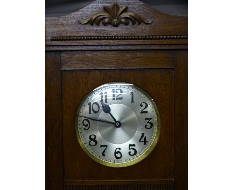 VINTAGE OAK TRIPLE WEIGHT CHIME STRIKE LONG-CASE CLOCK, the silvered dial with slightly stylized numerals, 208cms H, 50cms W,