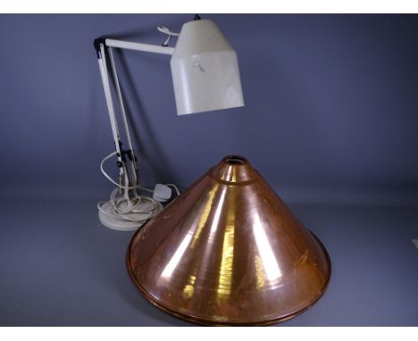 RETRO STYLE CIRCULAR BASED ANGLEPOISE LAMP and three large beaten copper  conical rice hat shaped ceiling shades