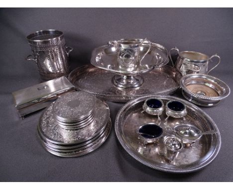 ELECTROPLATE - a parcel including an oval galleried tray, a twin-handled bottle holder, coasters, a bright cut oval sugar bas