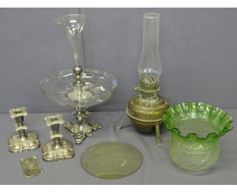 PAIR OF SHORT STEMMED ELECTROPLATED CANDLE HOLDERS, a glass and electroplated epergne (vase damaged) and a green glass tinted