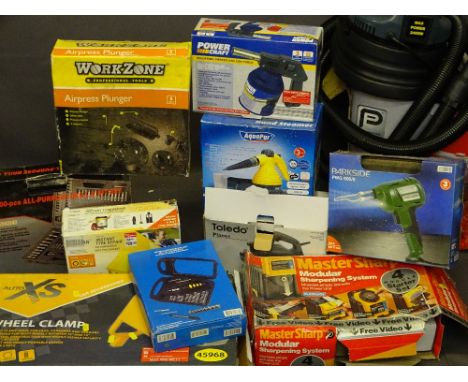 BOXED GARAGE TOOLS including a Performance 600W workshop vac, Auto XS wheel clamp, drill bit set, sharpening system ETC  E/T