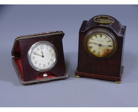 DUNTHORNE LIVERPOOL MAHOGANY CASED MANTEL CLOCK and a folding travel clock, the dial set with Roman and Arabic numerals respe