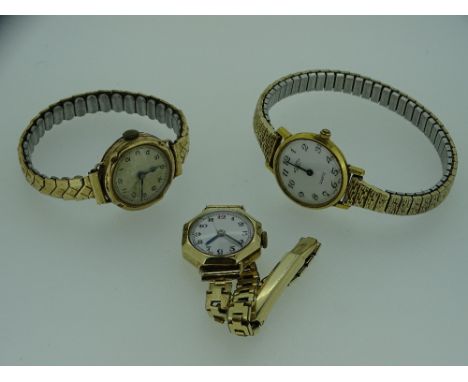 TWO 9CT GOLD CASED LADY'S WRIST WATCHES and one other Rotary gold plated example, all the straps gold plated base metal