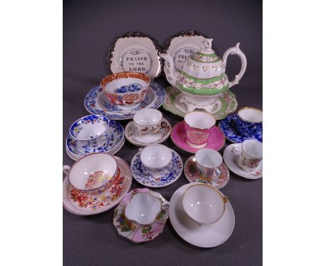 DECORATIVE CUPS &amp; SAUCERS, a good parcel, variety of designs, a circular stoneware plate, a green floral Staffordshire te