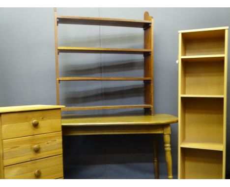 VINTAGE &amp; LATER FURNITURE PARCEL, four items to include a pine five drawer chest on bun feet, a lightwood open bookcase, 