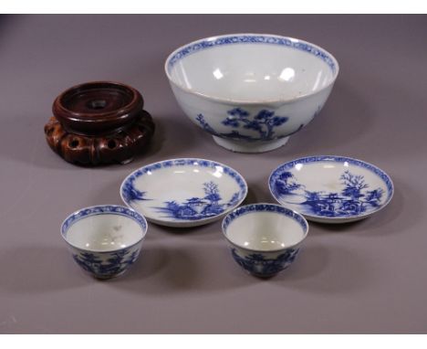 NANKING CARGO CHINESE PORCELAIN, 5 pieces to include a 7cms H, 15cms diameter bowl decorated with a building in landscape set