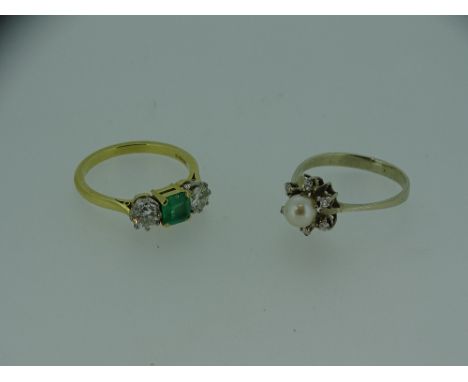 18CT GOLD DIAMOND &amp; EMERALD DRESS RING &amp; ONE OTHER, 0.33ct diamonds flanking a central green stone, size S, 4.5grms a