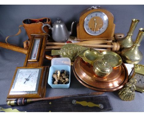 CLOCKS, BAROMETER, BRASSWARE ETC including a polished and cased aneroid wall barometer, a domed mantel clock, pair of brass v
