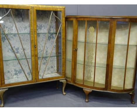 TWO VINTAGE WALNUT CHINA DISPLAY CABINETS, 121.5cms H, 87.5cms W, 29cms D the largest, 111cms H, 105cms W, 30.5cms D the othe