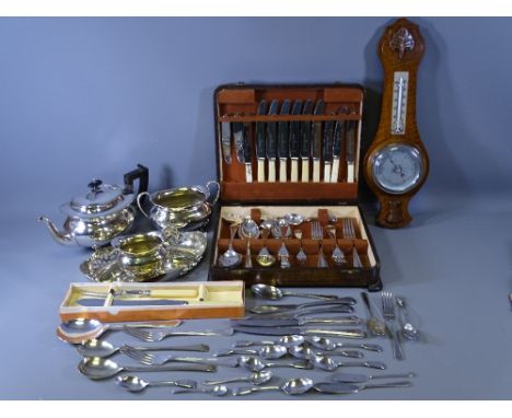 EPNS - a quantity including cased and loose cutlery, a three piece oval teaset and a vintage oak wall barometer with thermome