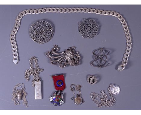 SILVER &amp; WHITE METAL BROOCHES &amp; NECKLACES ETC including a 'Just Andersen' stylized brooch, an Ingot on chain, an Art 