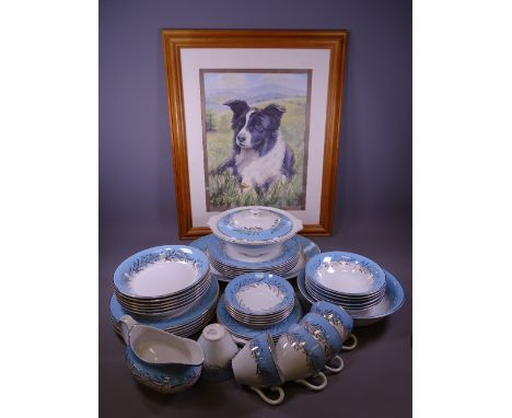 WASHINGTON POTTERY PART DINNER &amp; TEA SERVICE, 40 plus pieces, Blue Riband along with a framed print of a Collie dog