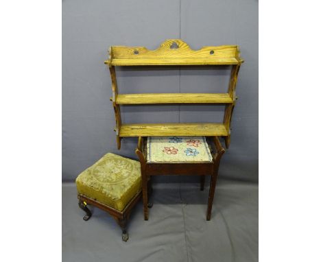 SMALL FURNITURE PARCEL - three items to include an oak open wall rack, a tapestry topped footstool with paw feet and a vintag