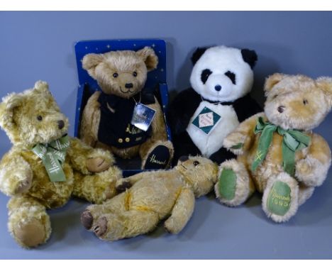 CHAD VALLEY CIRCA 1950 TEDDY BEAR and four Harrods 'Celebration Bears' including '1995 Bear', 'Harrods 100th Year Anniversary