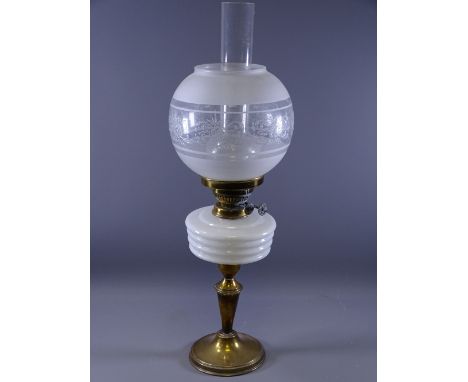 OIL LAMP, circular base brass with tapered column, milk glass reservoir and etched bowl shade