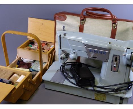 VINTAGE SINGER ELECTRIC SEWING MACHINE with foot pedal and a cantilever sewing box and contents E/T