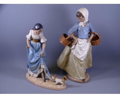 TWO NAO PORCELAIN LARGE FIGURINES, matt finish glazes to young girl carrying two baskets, dated 1990, 30cms H and a young gir