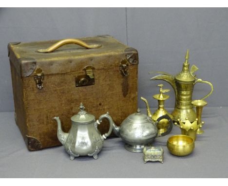 VINTAGE PEWTER &amp; BRASSWARE along with a vintage travel trunk initialled 'W F T', 36cms H, 46.5cms W, 35.5cms D