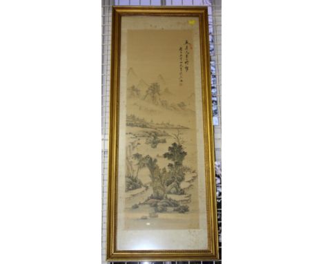 Chinese School, figures in a landscape, a pair, signed, watercolour, the painting 90 x 30.5cm. (2) Condition Report: Painted 