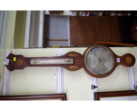 A George III mahogany and inlaid wheel barometer, by 'Rosaspini, Ticehurst'.