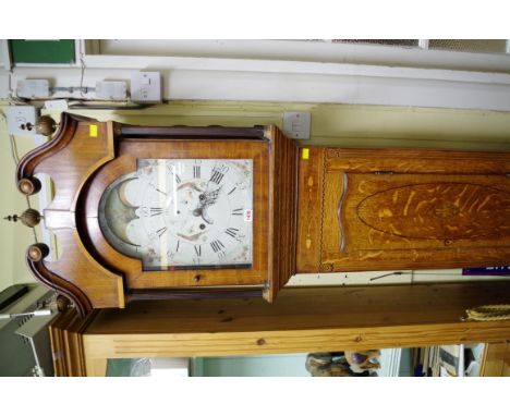 A George III oak and line inlaid eight day clock, the 12in painted dial with moon phase arch, 217cm high, with weights and pe