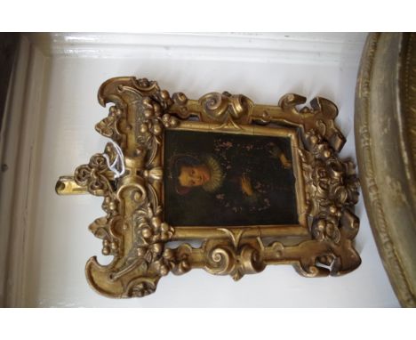 English School, half length portrait of a Stuart lady wearing a lace collar and cuffs, oil on board, 10.5 x 7.5cm, in a carve