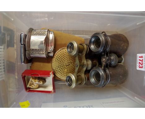 A mixed lot, to include two pairs of opera glasses; and a novelty Timemaster timepiece lighter.