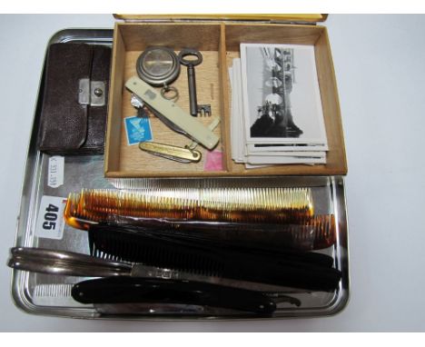 A Solingen Cutthroat Razor, hallmarked silver letter opener, purse, folding knives, photographs, gent's combs, engine turned 