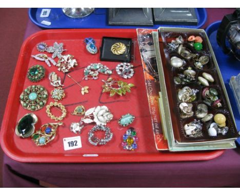 Costume Brooches, enamel badge, earrings, etc:- One Tray
