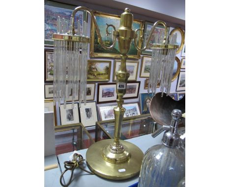 A Brass Twin Branch Table Lamp, scrolled arms and fitted with glass rod droplet shades.