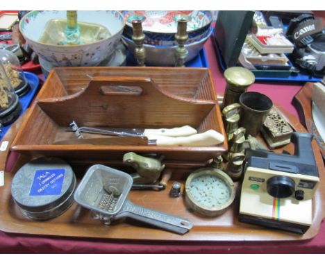 A Pine Cutlery Box, brass weights, Polaroid 1000 Land Camera, Tala crinked pastry cutters set, grater, Carvel Hall by Briddel