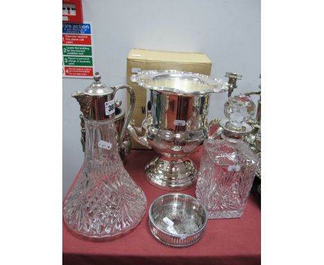 A Mint Tableware Plated Wine Cooler, of campana form, boxed; square glass decanter, ships decanter, bottle holder, coaster.