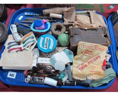 Sewing Collectables, including scissors, cottons, sequins, buttons, machine tools, etc:- One Tray