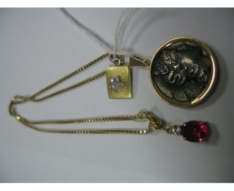 A Rectangular Pendant, star set to the centre, stamped "750", a two stone pendant, graduated claw set, on box link chain, a d