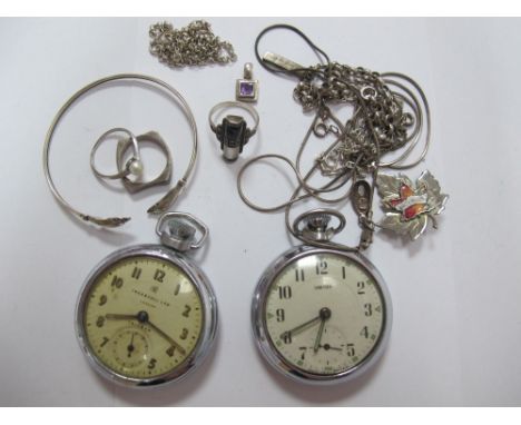 Smiths and Ingersoll Openface Pocketwatches, "925" chains, marcasite set ring, further rings, etc.