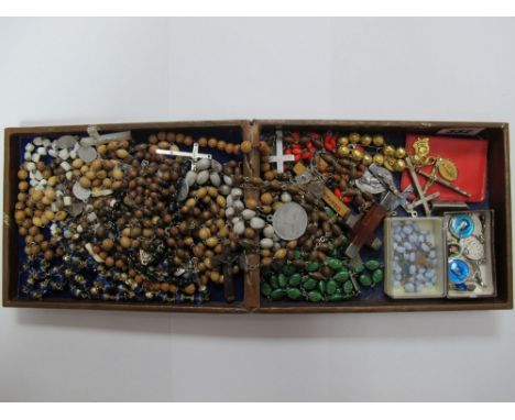 A Collection of Assorted Rosary Beads, a XIX Century hardstone cross pendant, enamel and other pendants, small brooch, etc. 
